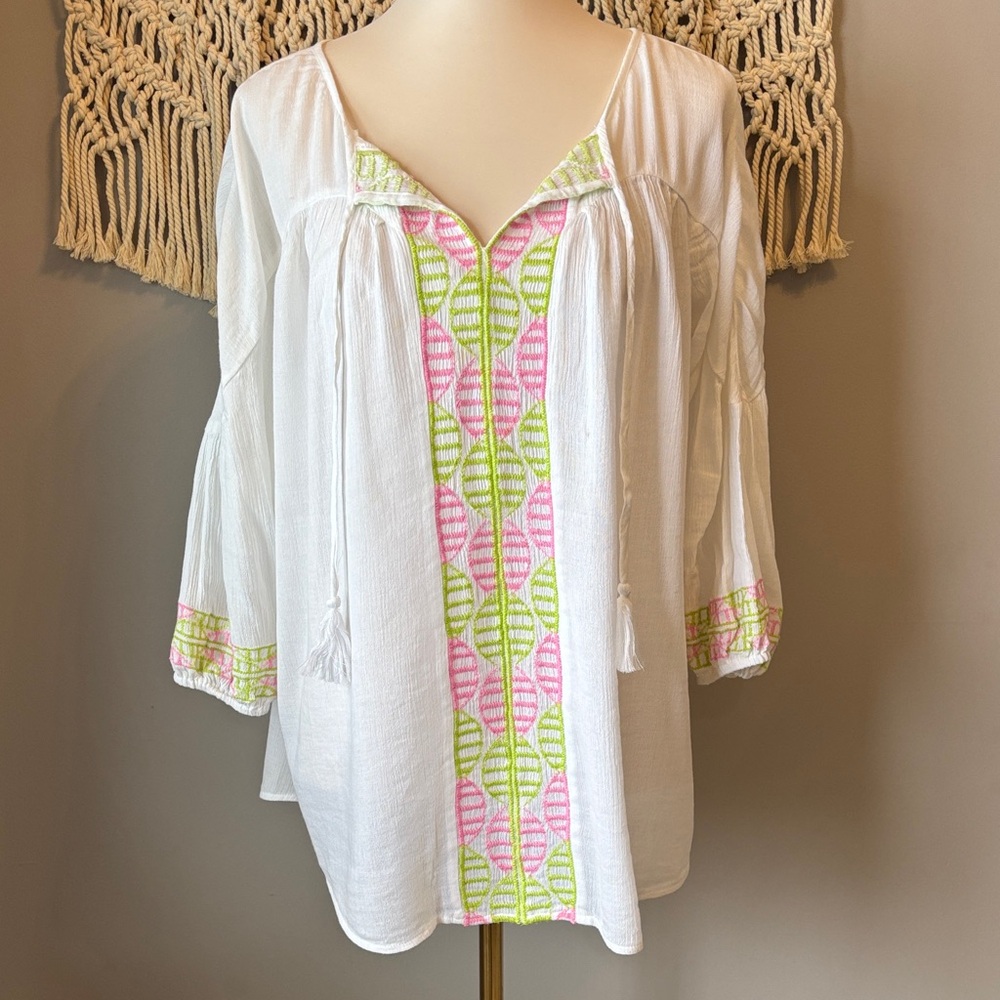 Crown & Ivy White Blouse with Pink and Green Details